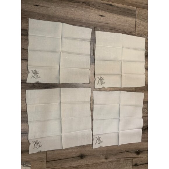 Set Of 8 Vintage Embroidered Rosebud Floral Cutout Linen Napkins Cream Gray - Picture 2 of 4